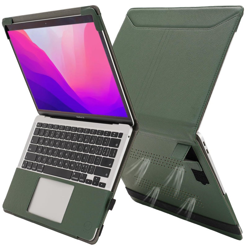 TT TYTX TYTX Compatible with MacBook Air 13 Inch Case, PU Leather MacBook Air Cover for Model A2337 M1 A2179 A1932 2018-2021 Retina Display Touch ID, with Vents and Stand Function, Green - Image 1